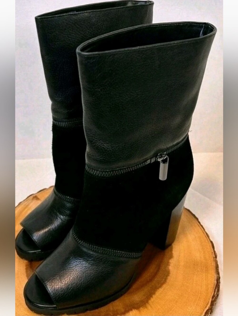 Katy Perry Evely Black Convertible Zip Off Peep-Toe Mid-Calf Block Heel Boot 9